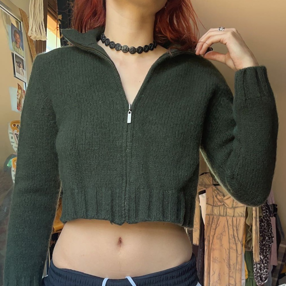 vintage the limited cropped wool emerald green zip up sweater